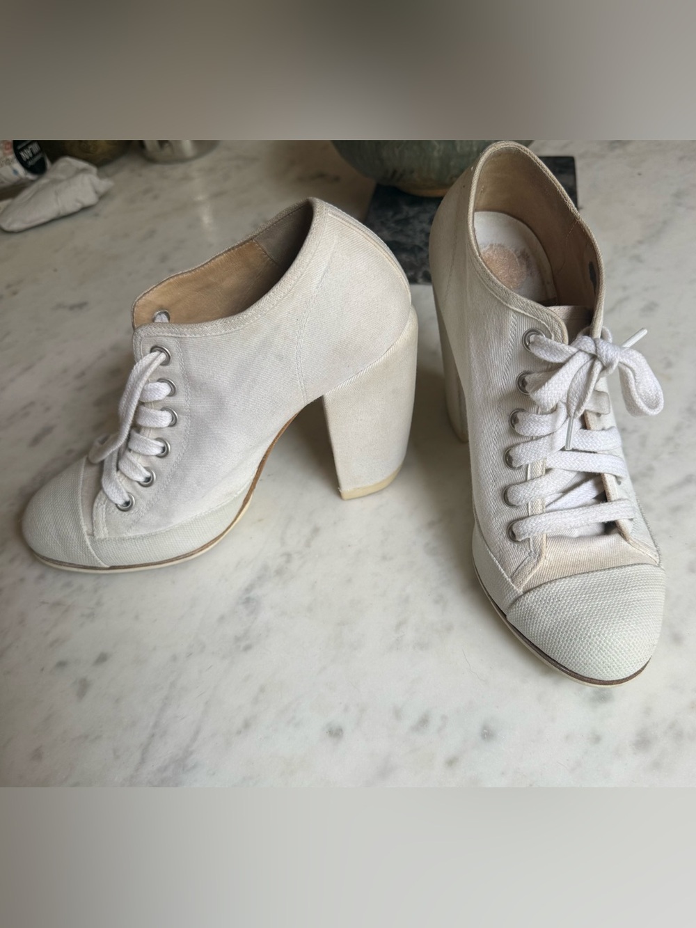 Dries Van Noten White Canvas Lace-Up Block Heel Booties 5
